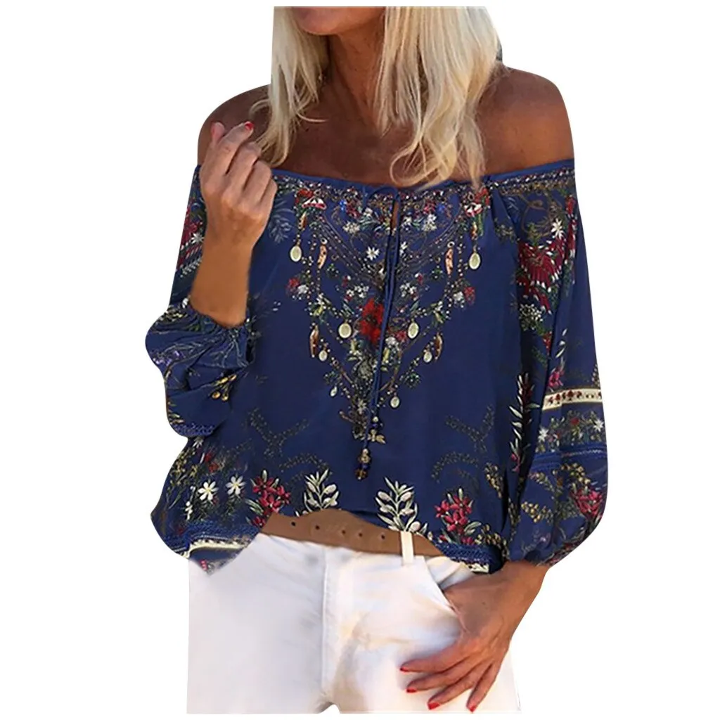 Floral Print Blouse Women Lace Thin Long Sleeve Off Shoulder Summer Tops Shirts