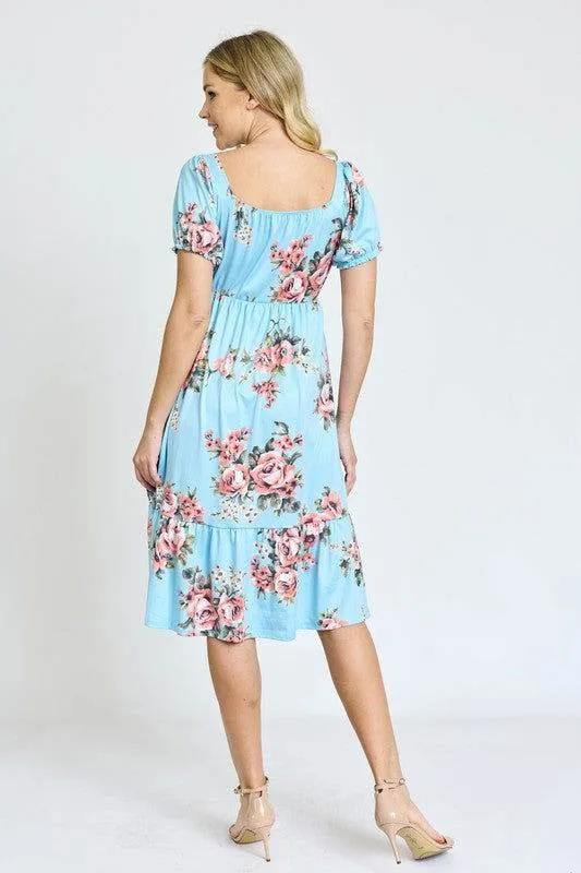 Floral Square Neck Puff Sleeve Boho Dress