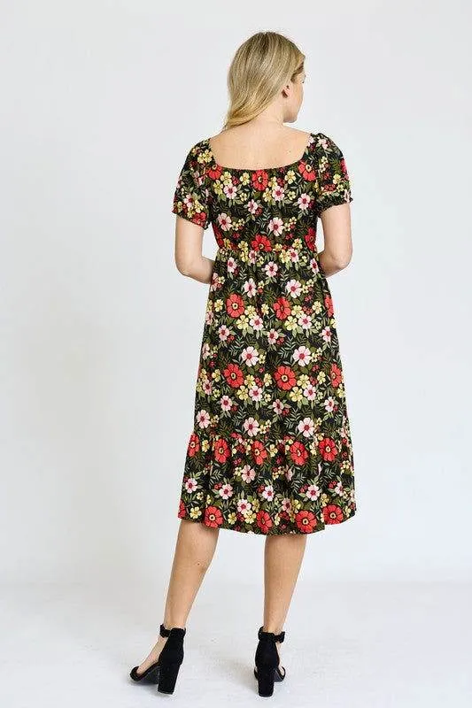 Floral Square Neck Puff Sleeve Boho Dress