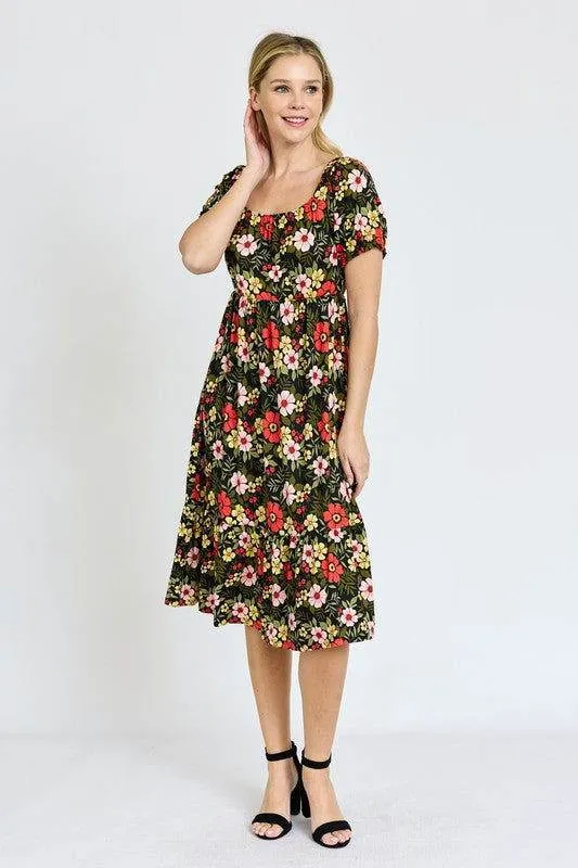 Floral Square Neck Puff Sleeve Boho Dress