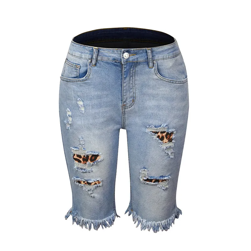 Fringed High Elasticity Mid-Waist Cropped Jeans with Ripped Holes