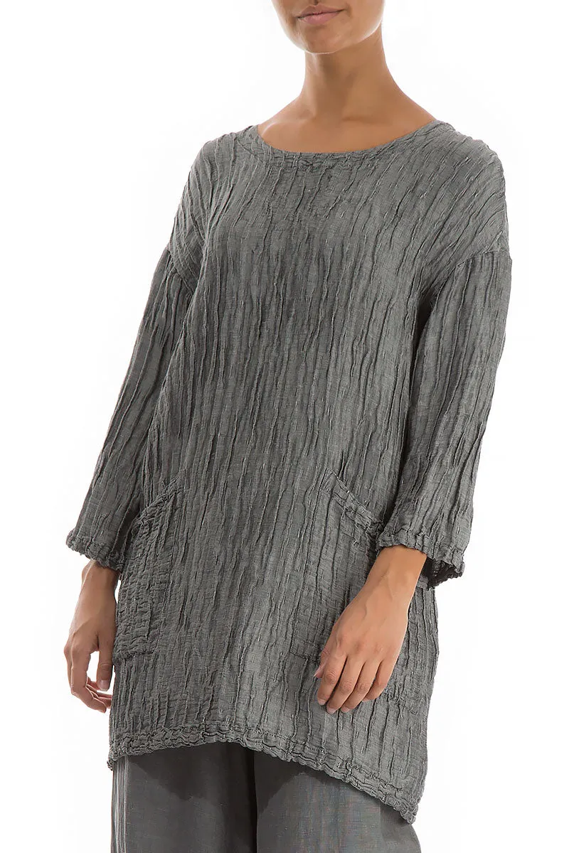 Front Pockets Crinkled Silver Silk Linen Tunic