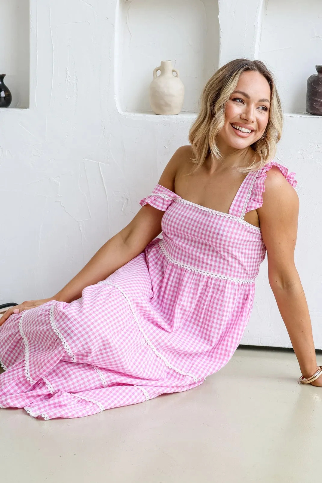 Gingham Check Dress With Lace Trim - Pink