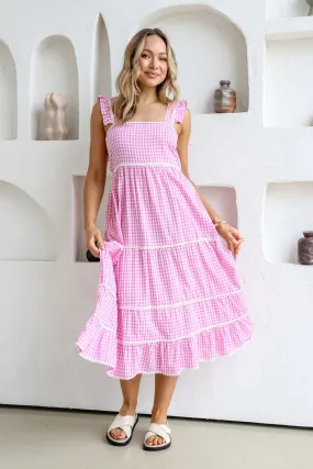 Gingham Check Dress With Lace Trim - Pink