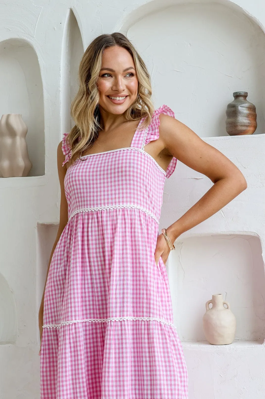 Gingham Check Dress With Lace Trim - Pink