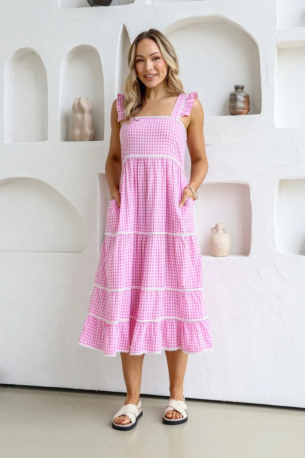 Gingham Check Dress With Lace Trim - Pink