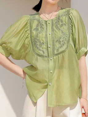 Grace Classic Hollowed Pleated Embroidered Top-Green