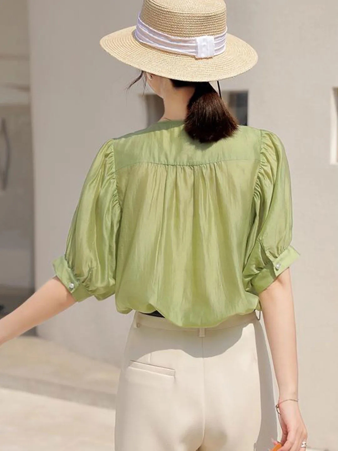 Grace Classic Hollowed Pleated Embroidered Top-Green