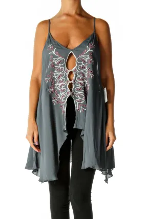 Gray Embroidered Flowy Tank Top