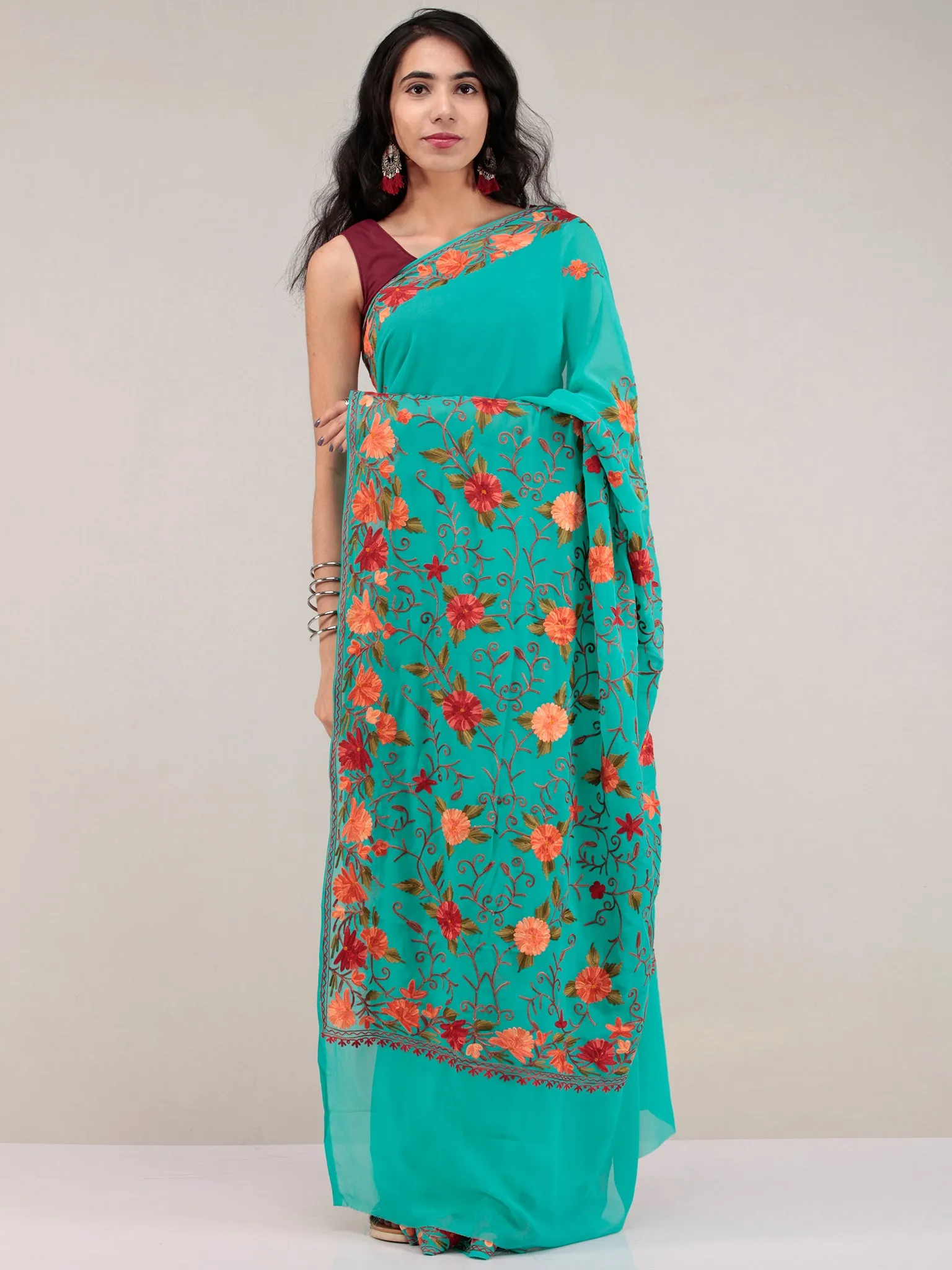 Green Aari Embroidered Georgette Saree From Kashmir - S031704631