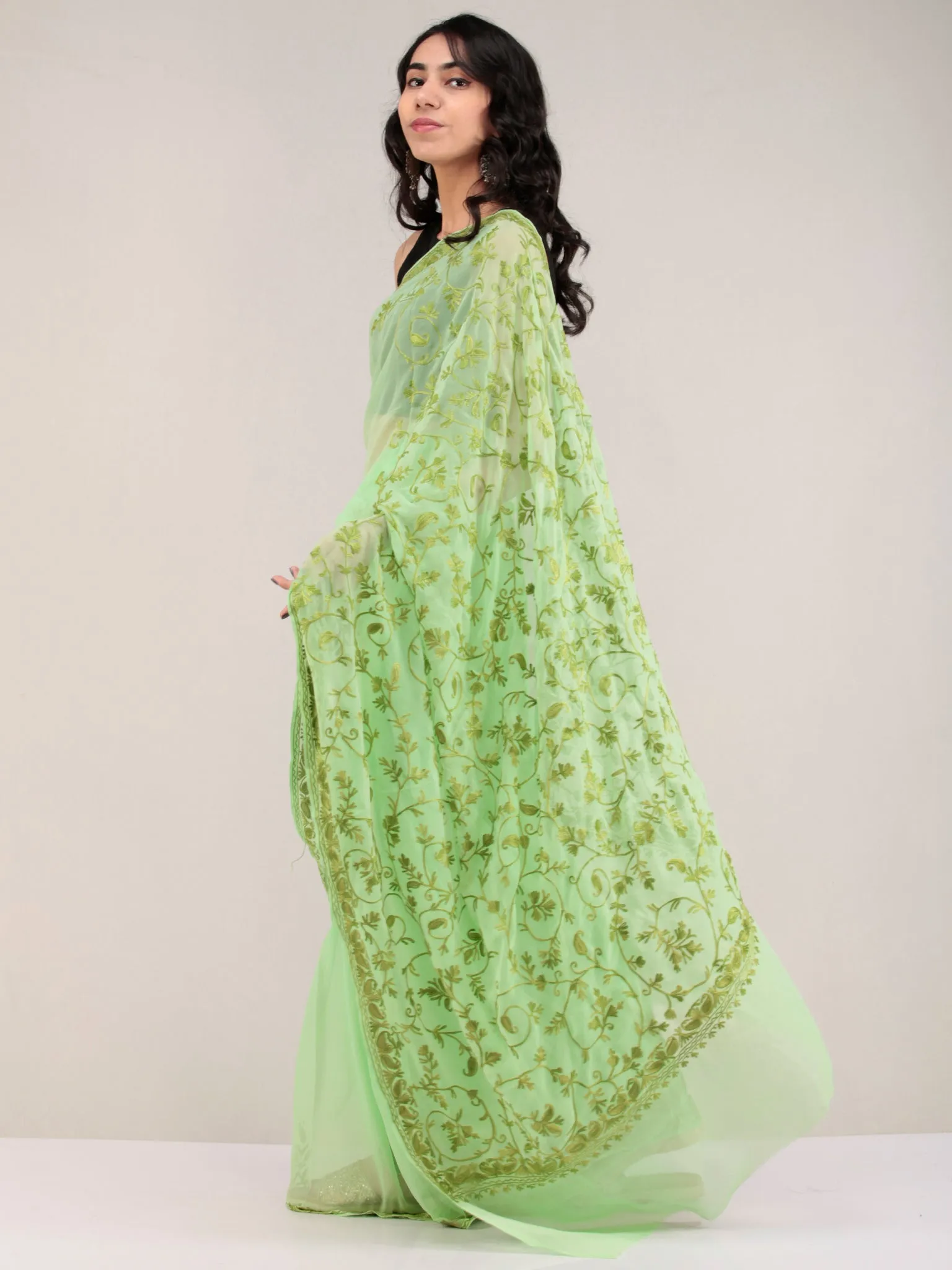 Green Aari Embroidered Georgette Saree From Kashmir - S031704655