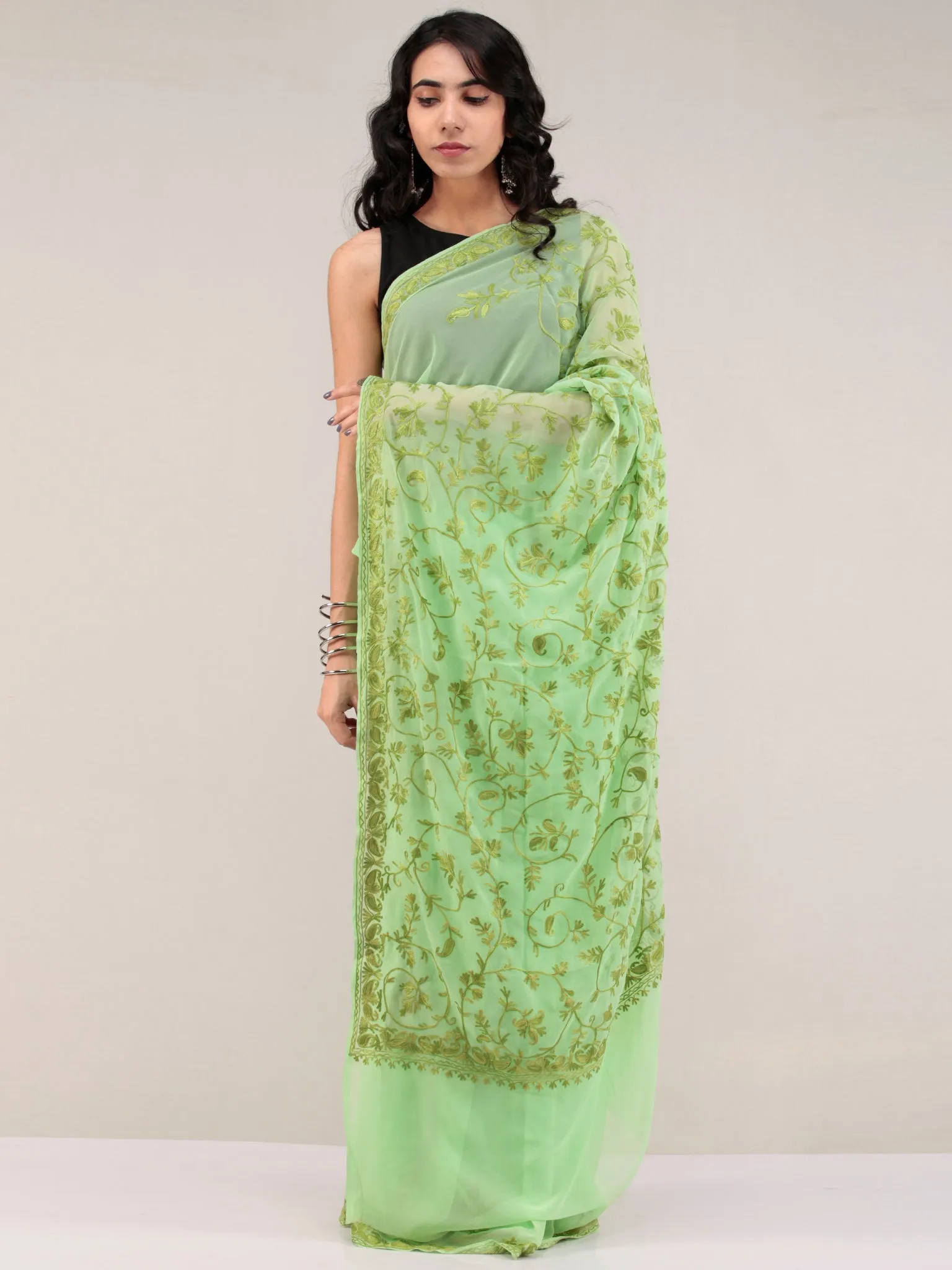 Green Aari Embroidered Georgette Saree From Kashmir - S031704655