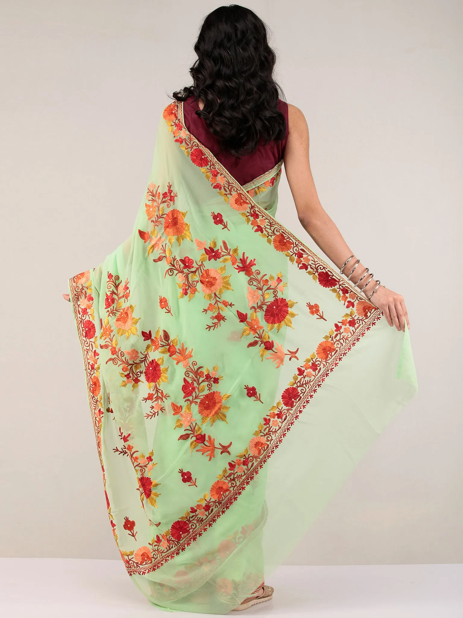 Green Aari Embroidered Georgette Saree From Kashmir - S031704667