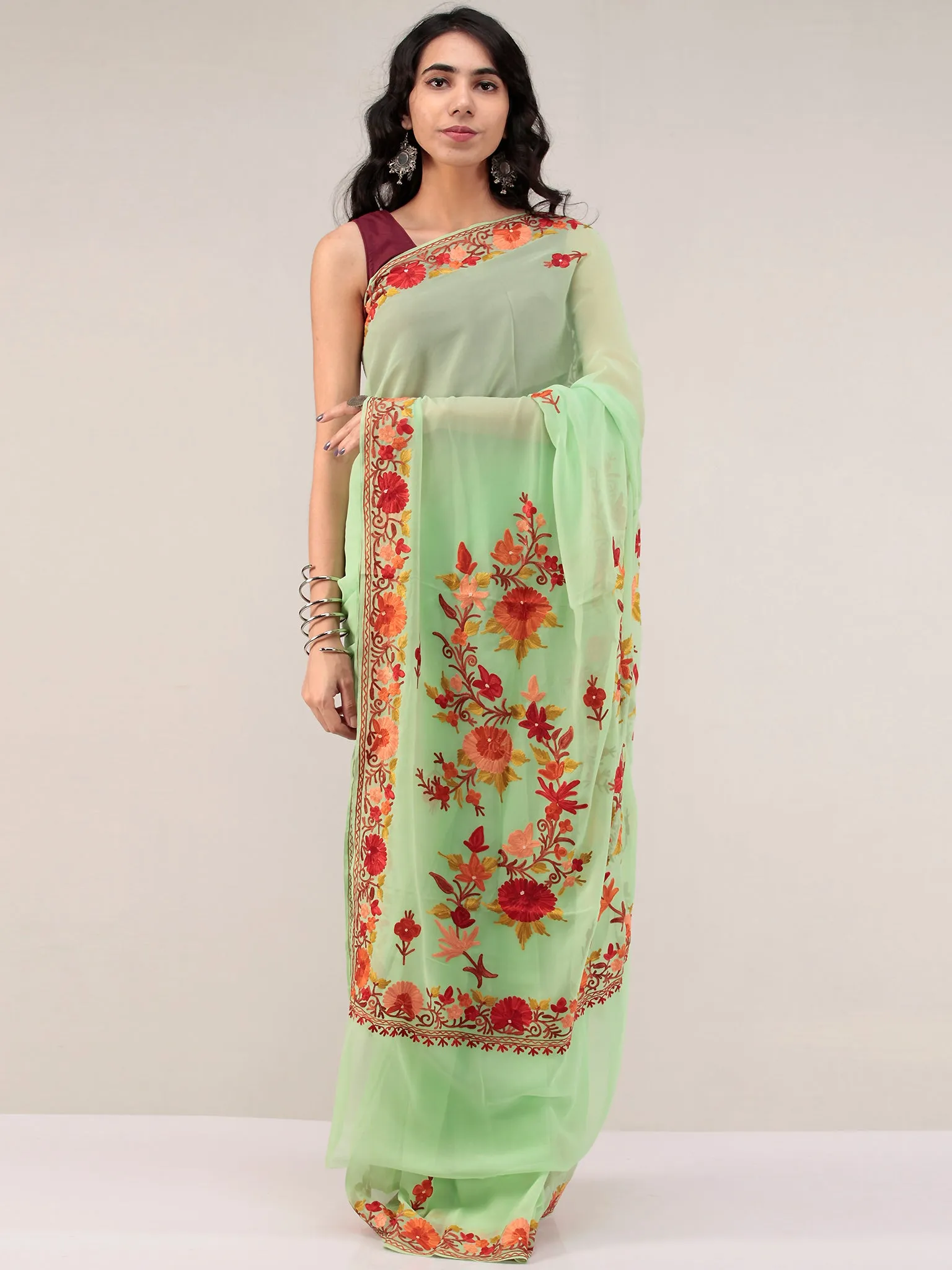 Green Aari Embroidered Georgette Saree From Kashmir - S031704667