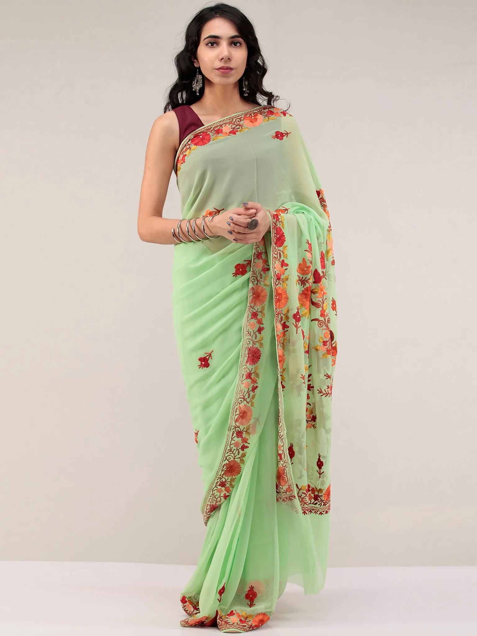 Green Aari Embroidered Georgette Saree From Kashmir - S031704667