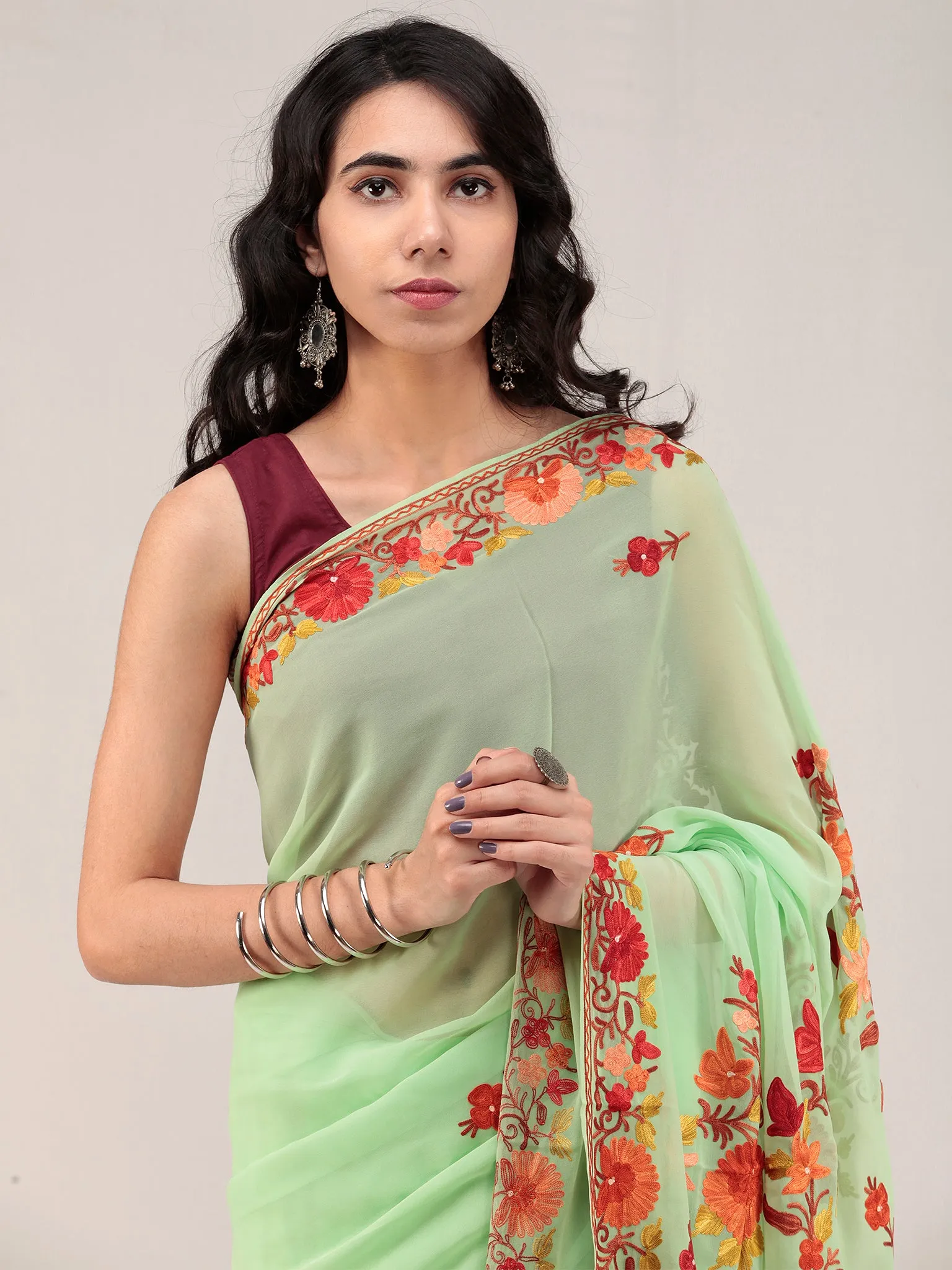 Green Aari Embroidered Georgette Saree From Kashmir - S031704667