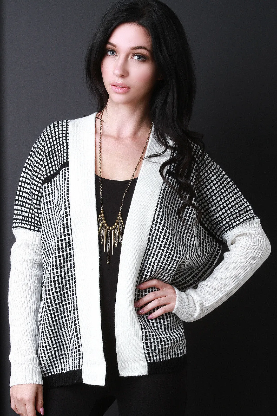 Grid Knit Open Cardigan