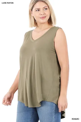 HI Curvy Plus Size Women Luxe Rayon Sleeveless V-Neck Hi-Low Hem Top