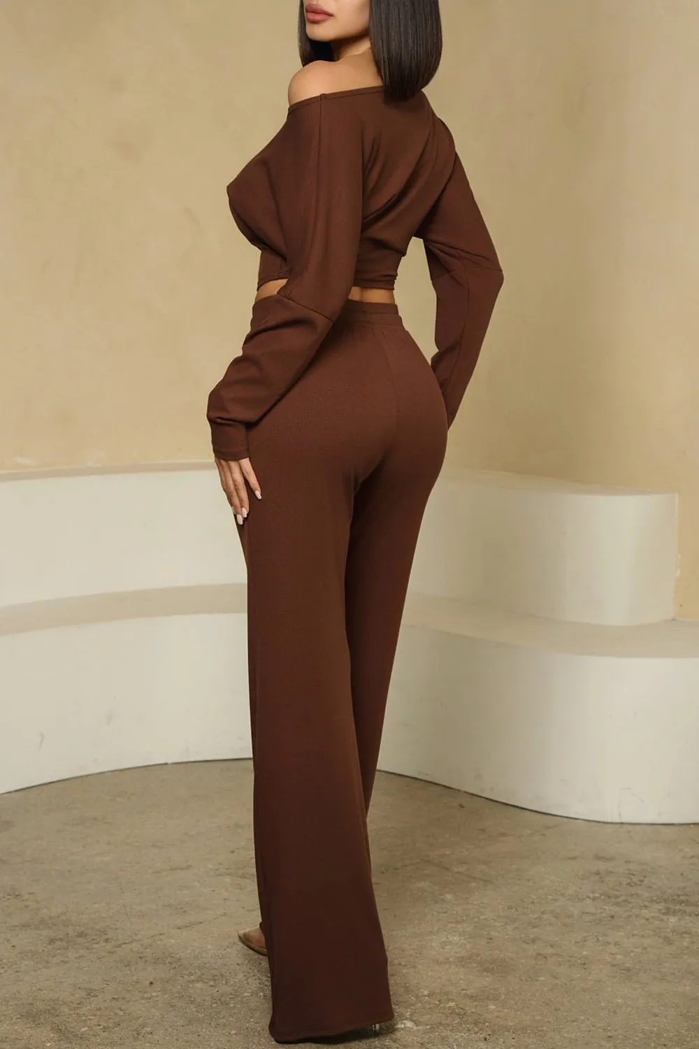 HMS Skins: Chocolate Baby Rib Off Shoulder Long Sleeve Top