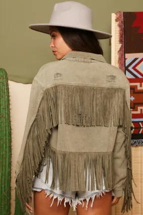 “I Guess I’m in Love” Distressed Wash Jacket with Fringe Detail