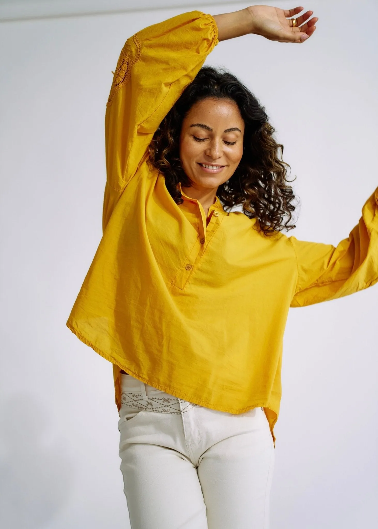 Italian Cotton Blouse with Embroidered Sleeves in Mustard