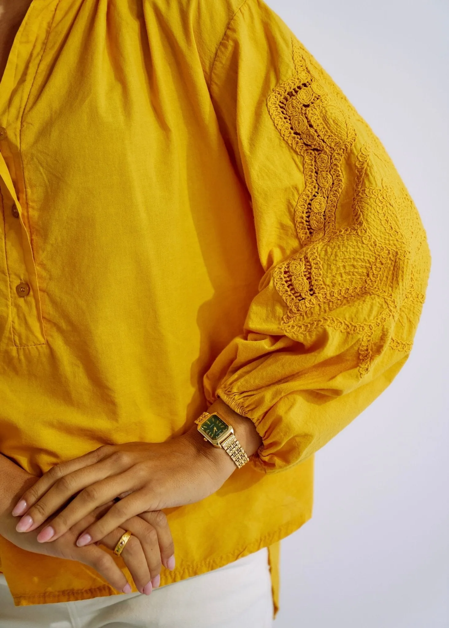 Italian Cotton Blouse with Embroidered Sleeves in Mustard