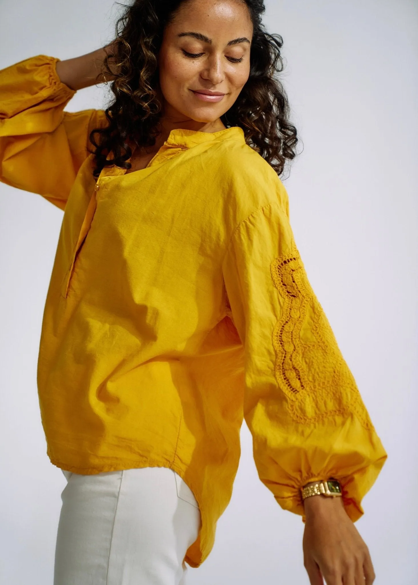 Italian Cotton Blouse with Embroidered Sleeves in Mustard