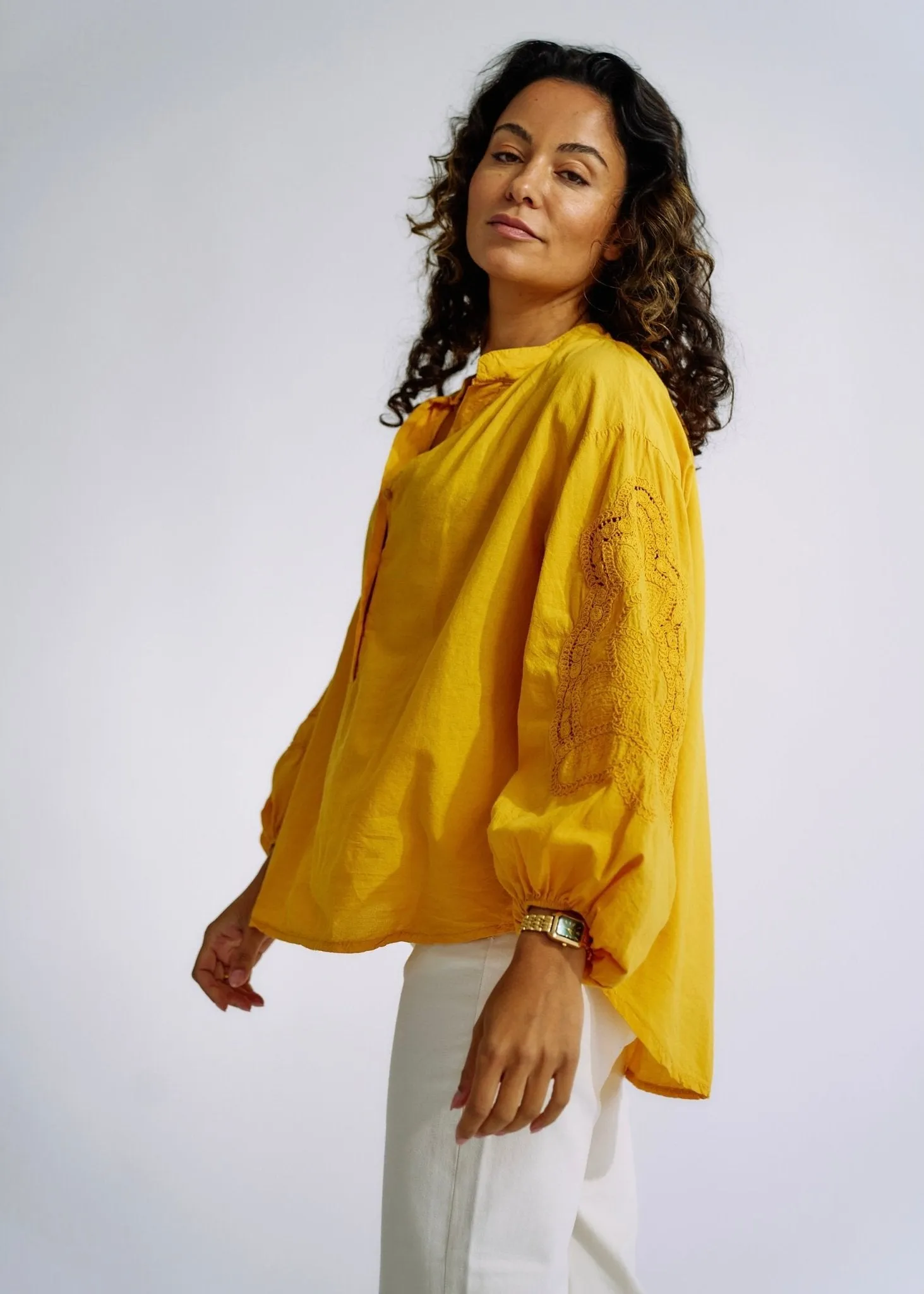 Italian Cotton Blouse with Embroidered Sleeves in Mustard