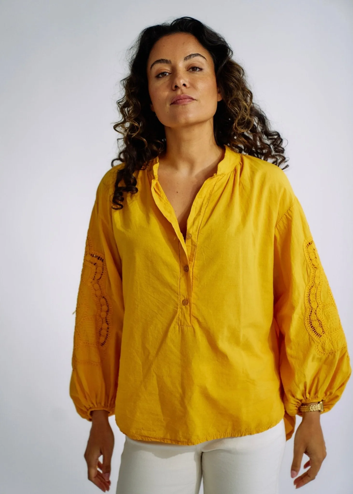 Italian Cotton Blouse with Embroidered Sleeves in Mustard