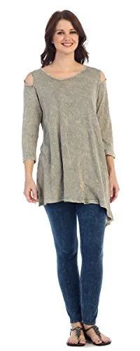 Jess & Jane Mineral Washed 3/4 Sleeve, Asymetric Hem Cold Shoulder Beige Tunic