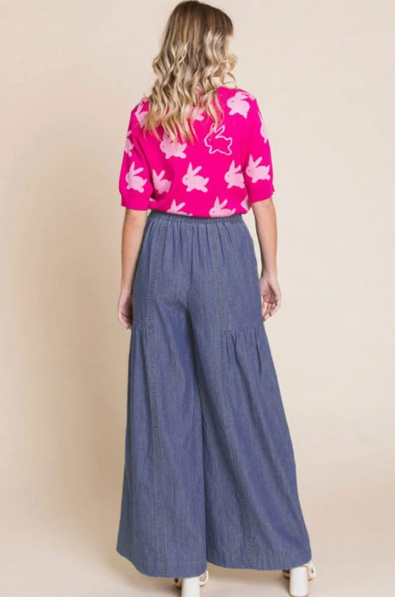 Jodifl Denim Elastic Waistband Detailed Seam Lightweight Palazzo Pants