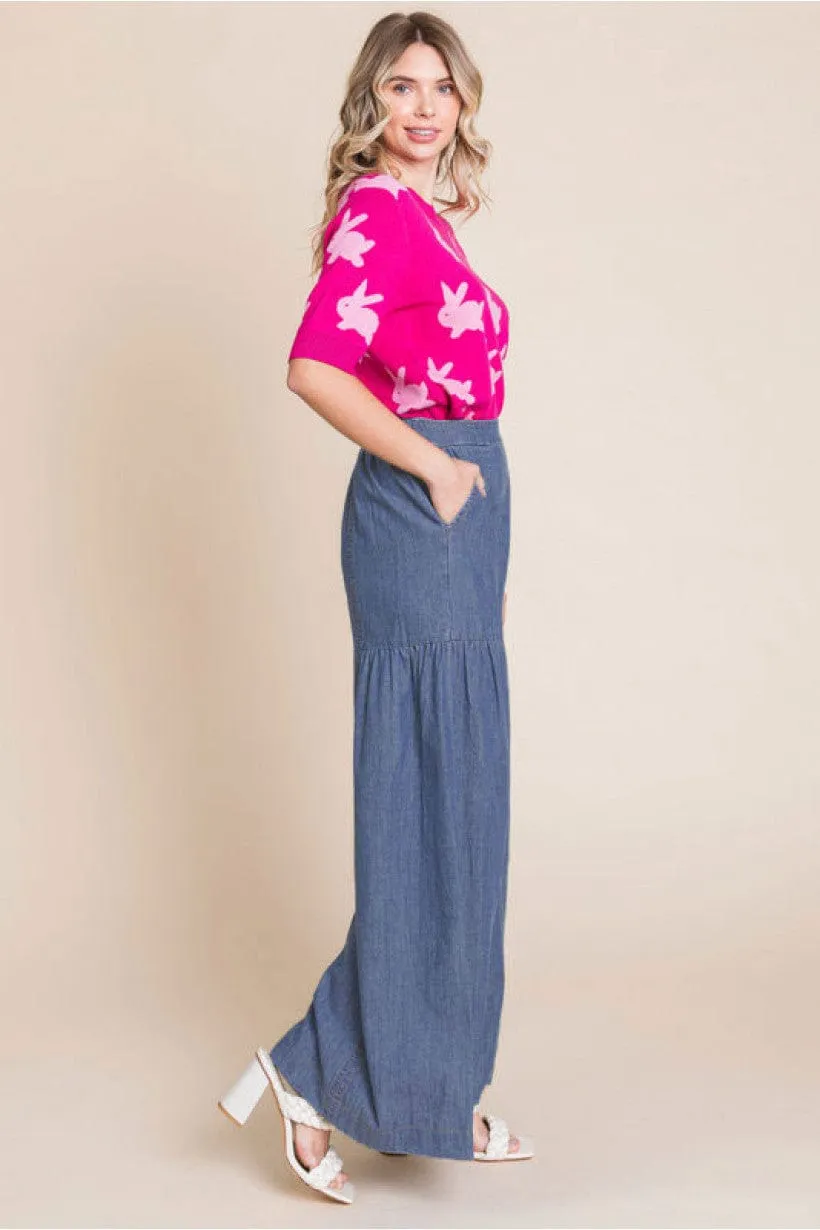 Jodifl Denim Elastic Waistband Detailed Seam Lightweight Palazzo Pants