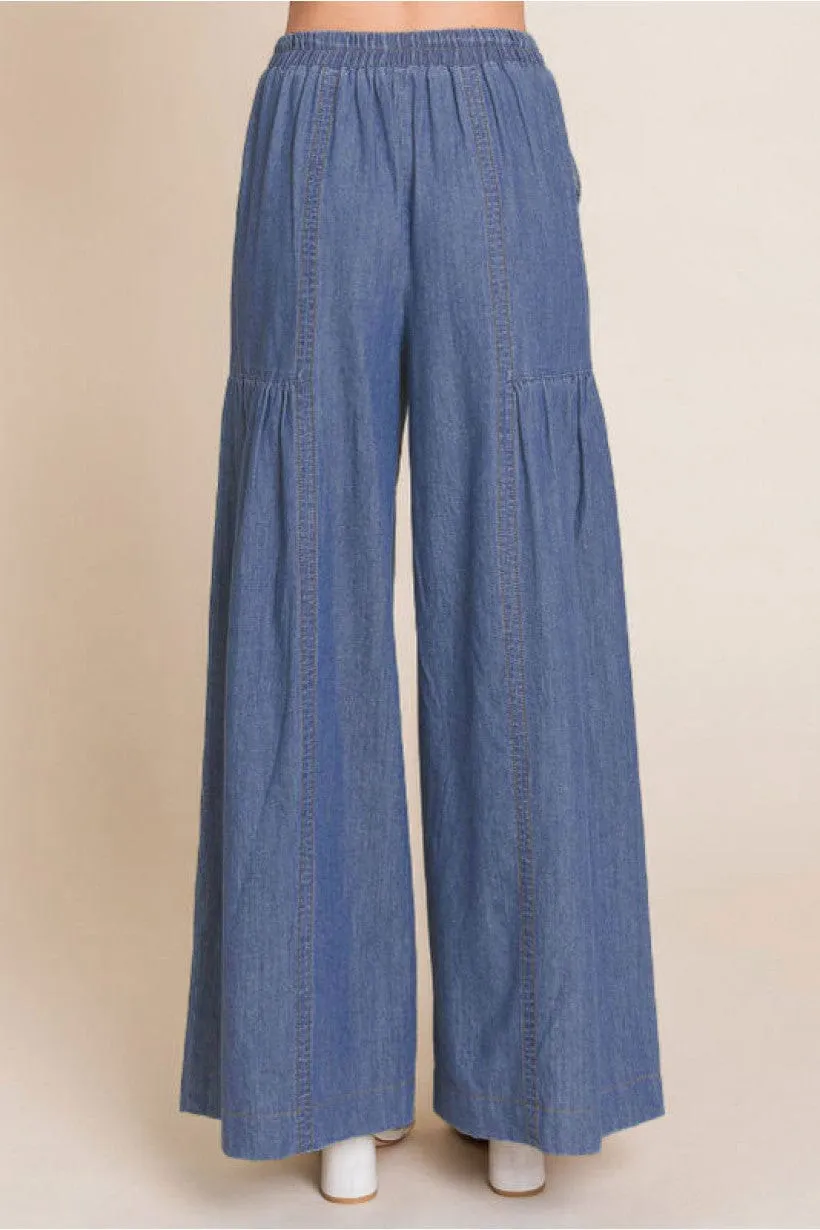 Jodifl Denim Elastic Waistband Detailed Seam Lightweight Palazzo Pants