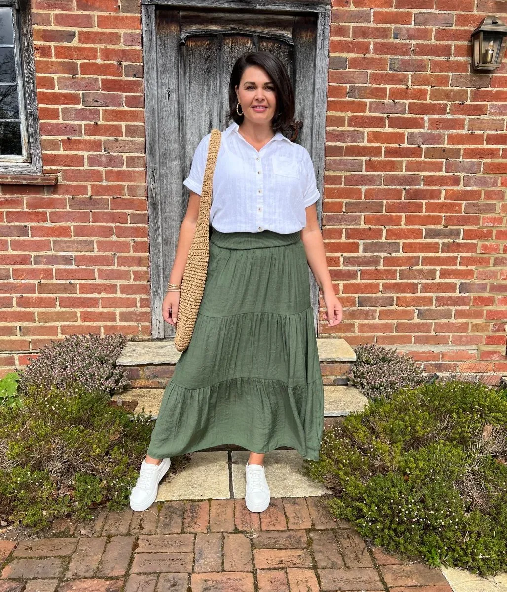 Khaki Tiered Maxi Skirt