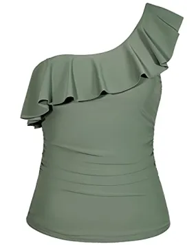 Ladies Long Torso One Shoulder Strapless Womens Swimsuit Tops-Olive Green