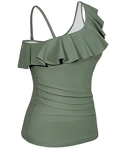 Ladies Long Torso One Shoulder Strapless Womens Swimsuit Tops-Olive Green