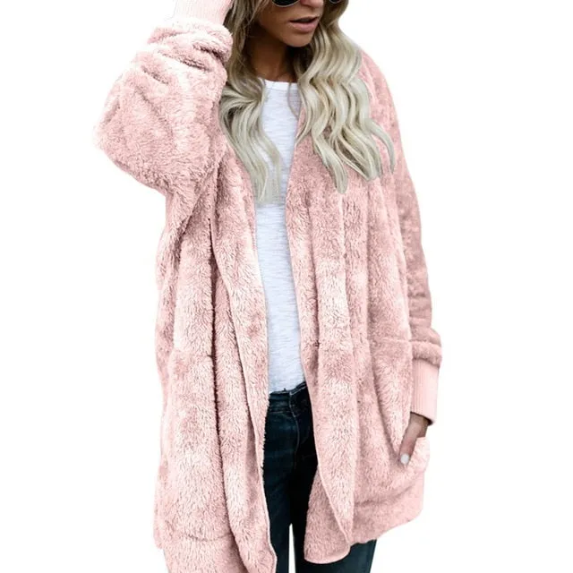 LASPERAL New Year Spring Faux Fur Teddy Bear Coat Jacket Women Fashion Open Stitch Hooded Coat Female Long Sleeve Fuzzy Jacket