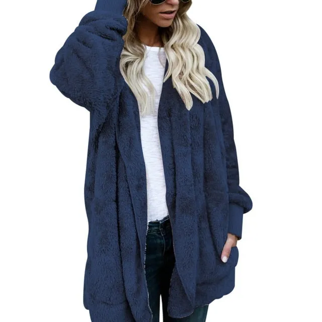 LASPERAL New Year Spring Faux Fur Teddy Bear Coat Jacket Women Fashion Open Stitch Hooded Coat Female Long Sleeve Fuzzy Jacket