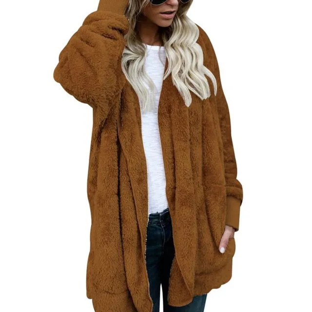 LASPERAL New Year Spring Faux Fur Teddy Bear Coat Jacket Women Fashion Open Stitch Hooded Coat Female Long Sleeve Fuzzy Jacket