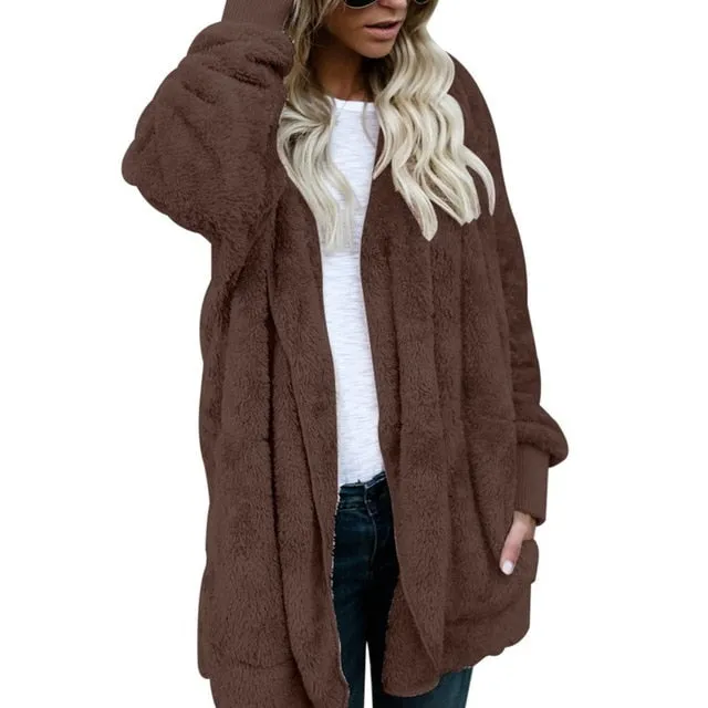 LASPERAL New Year Spring Faux Fur Teddy Bear Coat Jacket Women Fashion Open Stitch Hooded Coat Female Long Sleeve Fuzzy Jacket