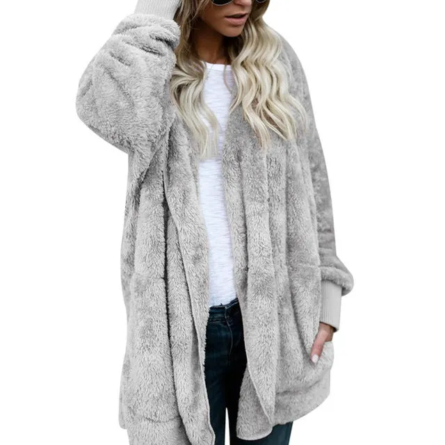 LASPERAL New Year Spring Faux Fur Teddy Bear Coat Jacket Women Fashion Open Stitch Hooded Coat Female Long Sleeve Fuzzy Jacket