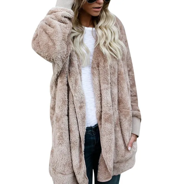 LASPERAL New Year Spring Faux Fur Teddy Bear Coat Jacket Women Fashion Open Stitch Hooded Coat Female Long Sleeve Fuzzy Jacket