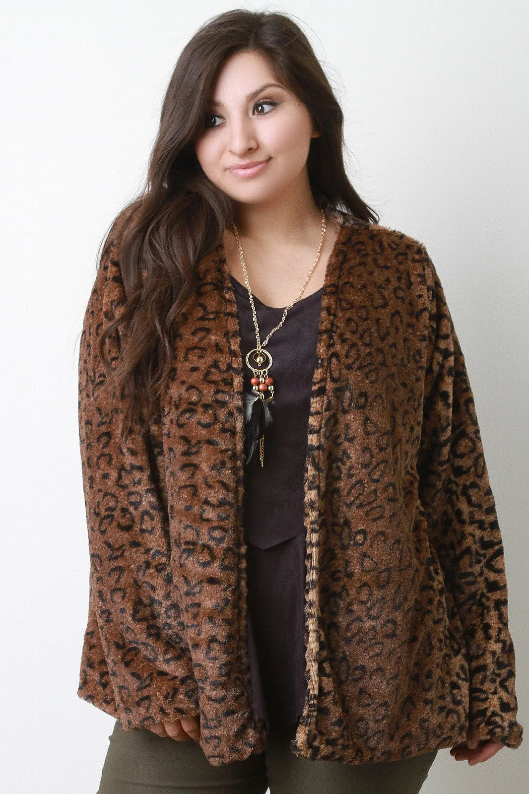 Leopard Faux Fur Open Front Jacket