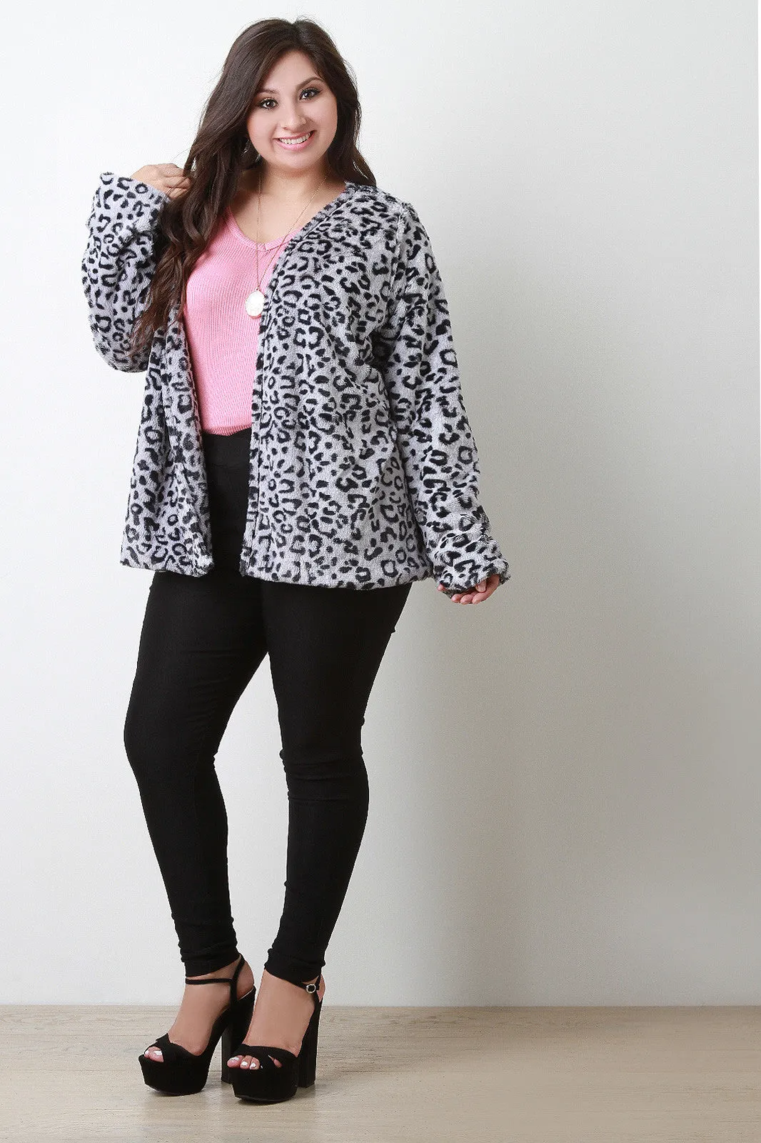 Leopard Faux Fur Open Front Jacket