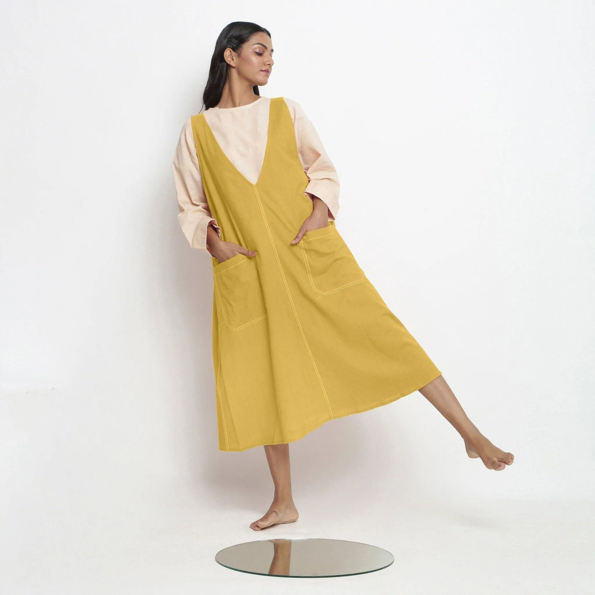 Light Yellow 100% Cotton Paneled Midi Shift Dress