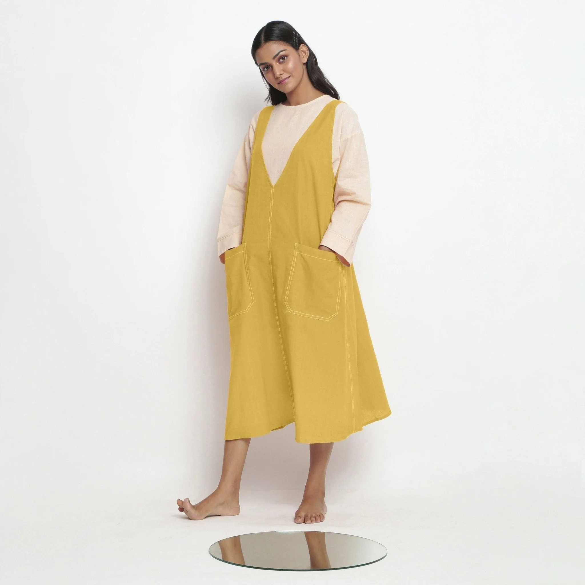 Light Yellow 100% Cotton Paneled Midi Shift Dress