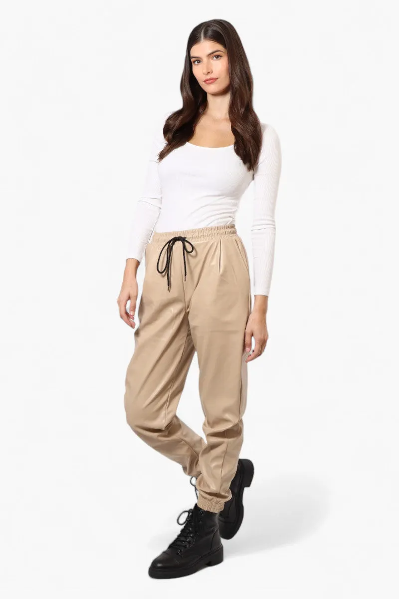 Limite Tie Waist Vegan Leather Jogger Pants - Beige