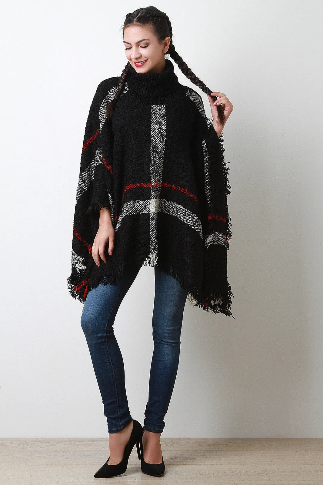 Linear Pattern Textured Knit Turtleneck Poncho