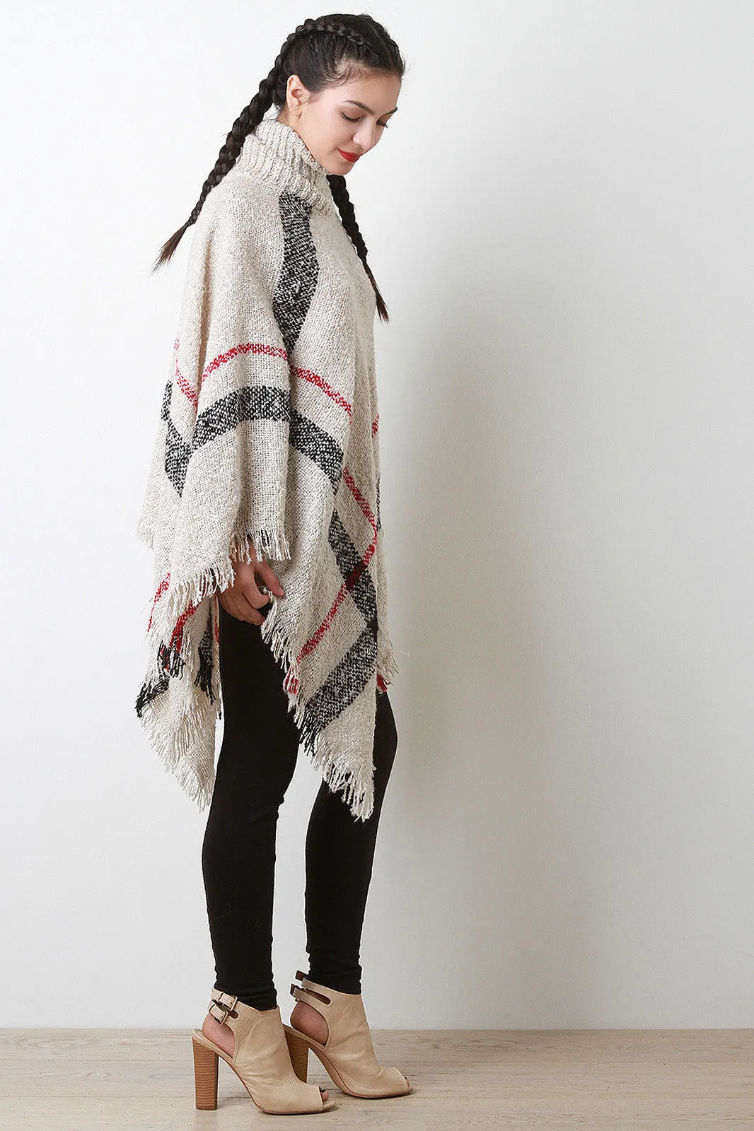 Linear Pattern Textured Knit Turtleneck Poncho