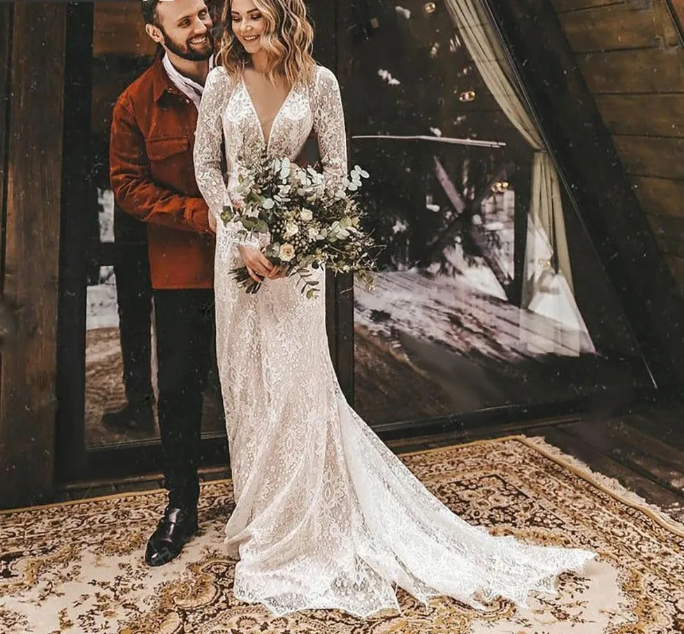 Long Sleeve Lace V Neck Boho Wedding Dress